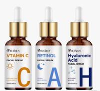 New 3pcs 30g Day & Night Vitamin C+Retinol+Hyaluronic Acid Essence Trio Set combines Collagen, Aloe, Niacinamide. Brightens complexion Deep Hydration Gentle Oil Free Formula SUYARUN