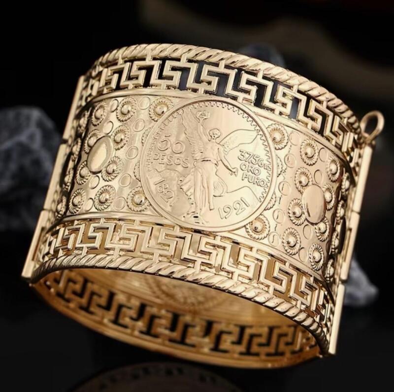 Vintage Style Wide Cuff Bracelet Mexican Coin Engraved Cuff Bracelet Intricate "AMSTERDAM 1695" Stamp Revival Safety Chain 2&rsquo;&rsquo; wide See more in description