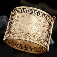 Vintage Style Wide Cuff Bracelet Mexican Coin Engraved Cuff Bracelet Intricate "AMSTERDAM 1695" Stamp Revival Safety Chain 2&rsquo;&rsquo; wide See more in description