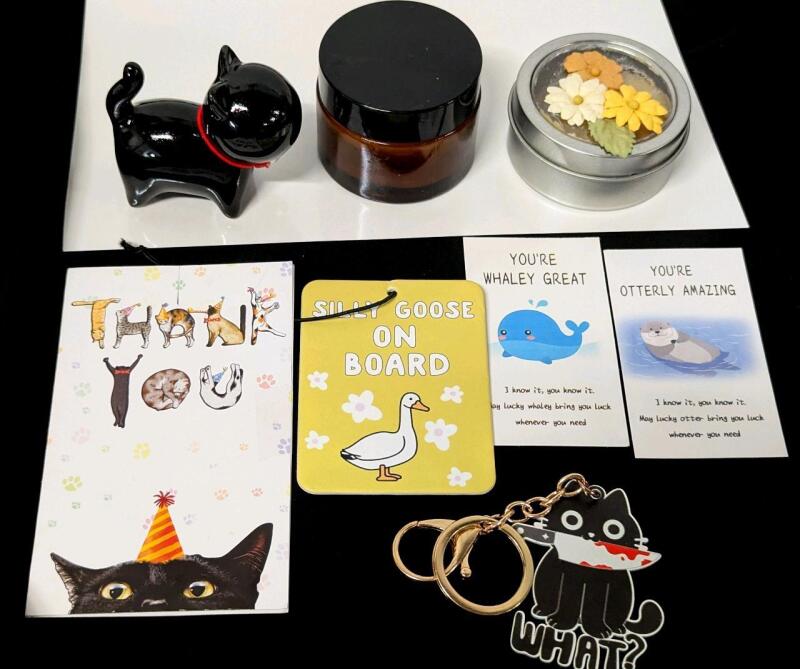 New Gifts & Treasures : 2.5" Ceramic Black Cat Figure, Floral Silly Goose Car Air Freshener, 4.75" Long Graphic Murdercat "What?" Keychain, Cards, Presumed Handmade Beeswax-Based Hand Balm & Bundt Cake-Shaped Presumed Skin Balm (Possible Wax Melt)