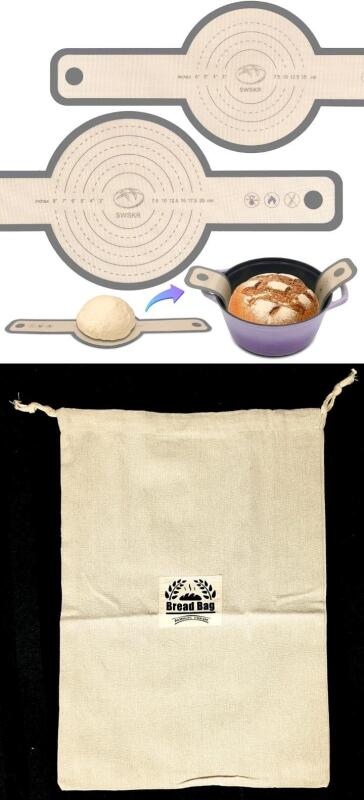 New SWSKR 2pc Silicone Bread Sling for Dutch Oven / Non-Stick Bread Baking Mat Set & Presumed Linen Bread Bag with Drawstring - 12" &times; 16.5"