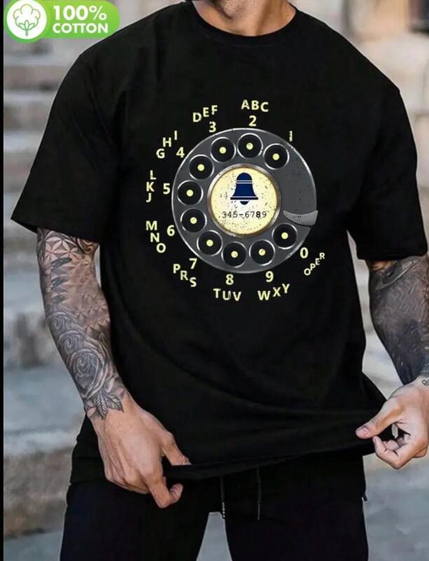 New Size XL Retro Rotary Phone Dial Graphic T-Shirt Vintage Dial Pad & Bell Print 100% Cotton Casual Short Sleeve Crew Neck Tee Soft & Breathable Nostalgia Lovers Stock photo added
