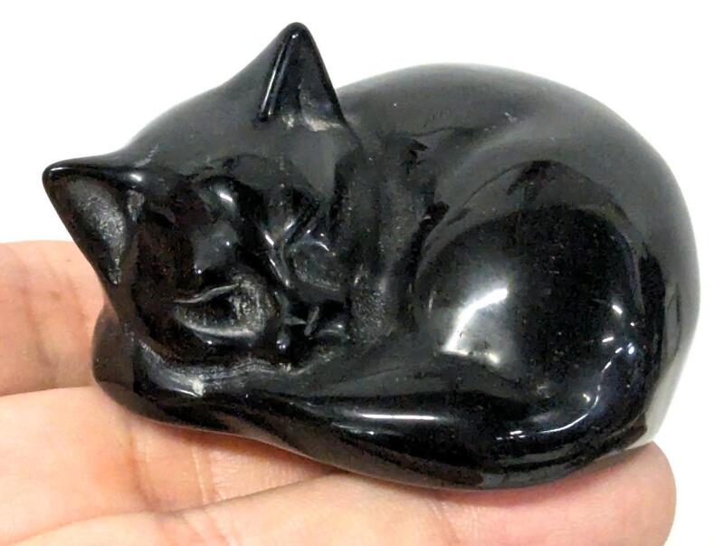 New A DROP OF CRAFT MAGICK CO Black Obsidian Sleeping Cat Kitten Figure - 2" Across