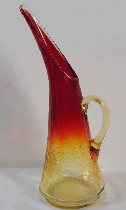 Vintage MCM Kanawha Amberina Crackle Glass Pitcher . Measures 13" tall . No chips or cracks