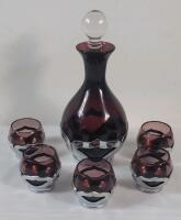 Vintage MCM Farber Brothers Krome Kraft Amethyst Glass Decanter w/5 Matching Glasses . Decanter measures 6.5" tall . No chips or cracks