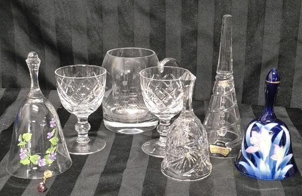 Beautiful Vintage Crystal & Glass Bells & Glasses Tallest Bell 7.5" Tall