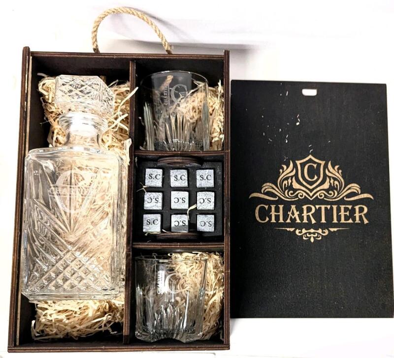New S CHARTIER Whiskey Decanter, 2pc Italian Whiskey Glasses, 9 Soapstone Whiskey Stones & Tongs in Wood Gift Box