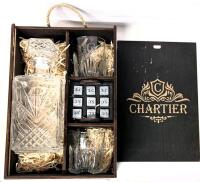 New S CHARTIER Whiskey Decanter, 2pc Italian Whiskey Glasses, 9 Soapstone Whiskey Stones & Tongs in Wood Gift Box
