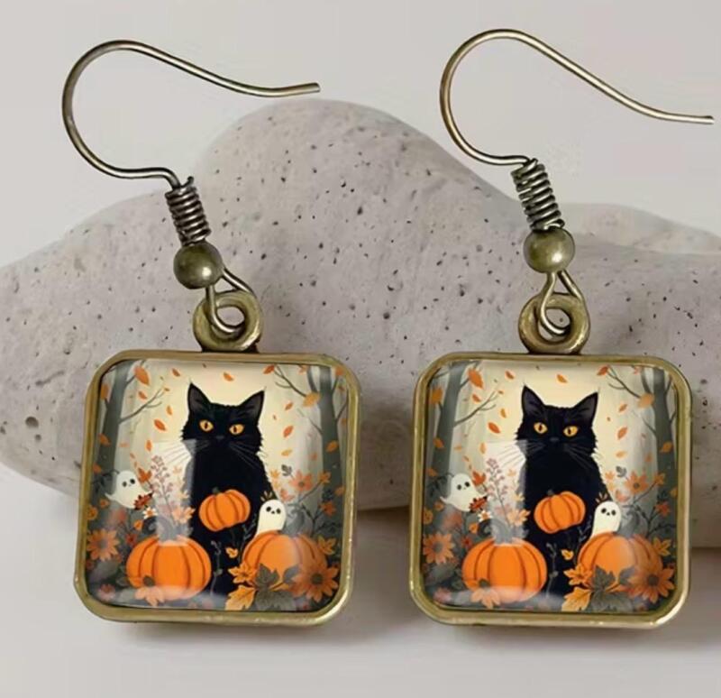 Vintage Luminescent Cat Pummkin Autumn Leaves Drop Sheppard Hook Earrings - Black Vintage Inspired Square Capped White background glows