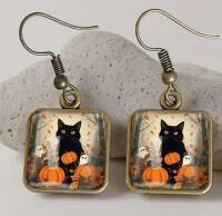 Vintage Luminescent Cat Pummkin Autumn Leaves Drop Sheppard Hook Earrings - Black Vintage Inspired Square Capped White background glows