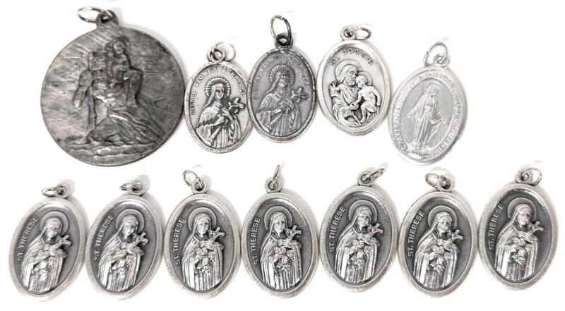 11 Vintage Predominantly Italian Catholicism / Christian Medallions / Prayer Medals: Canadian Martyrs Pray For Us 1.25", St Joseph / Holy Family, St Therese 1"