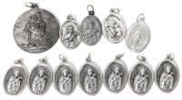 11 Vintage Predominantly Italian Catholicism / Christian Medallions / Prayer Medals: Canadian Martyrs Pray For Us 1.25", St Joseph / Holy Family, St Therese 1"