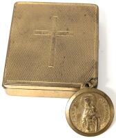 Vintage 1.15"D SAINT DYMPHNA (Patron Saint of Mental Disorders, Neurological Disorders, Runaways, Incest Victims) Italian Relic Medal in 2" &times; 2.5" Hinged Brass Box with Christogram Image & Felt Lining Inside
