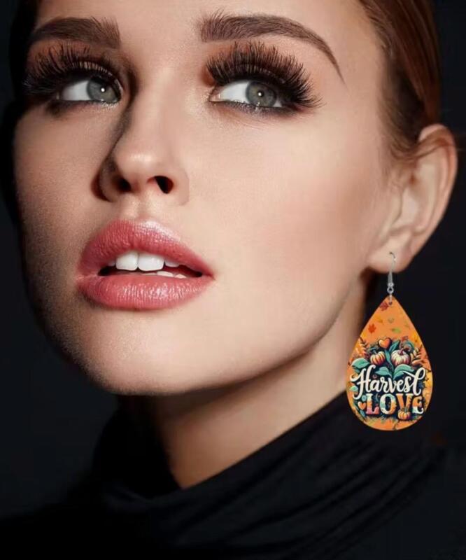Pair of Autumn Harvest Earrings Falling Maple Leaves & Pumpkin Design Lightweight Teardrop Dangle Stainless Steel Sheppard Hooks 3&rsquo;&rsquo; Drop Stock photos added Front & Back Design