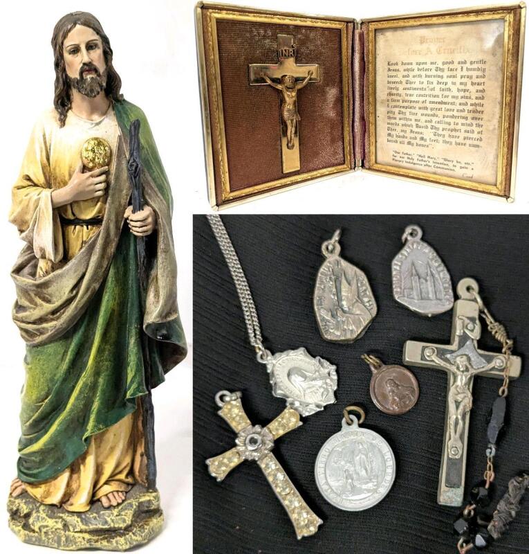 Vintage Prayer Before A Crucifix Travel Case, 2005 Roman Inc 10" Saint Jude Figure Missing Flame, 2" Crucifix Pendant from Former Rosary, 1.6" Cross Pendant, Catholic & Religious Medals & Pendants