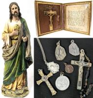 Vintage Prayer Before A Crucifix Travel Case, 2005 Roman Inc 10" Saint Jude Figure Missing Flame, 2" Crucifix Pendant from Former Rosary, 1.6" Cross Pendant, Catholic & Religious Medals & Pendants