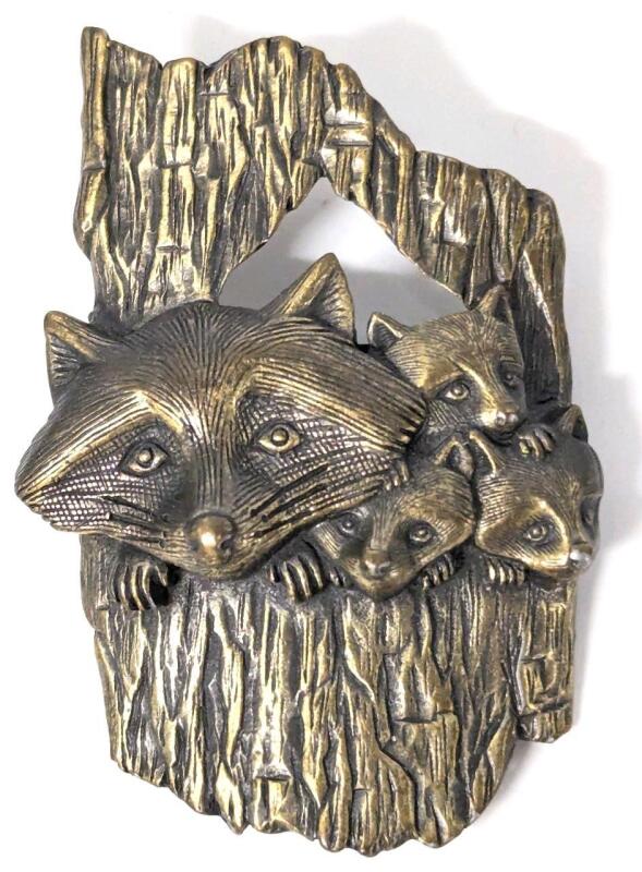 Adorable Signed Vintage JJ Jonette Raccoon & Kits in Tree Pewter Brooch, 2.15" Long