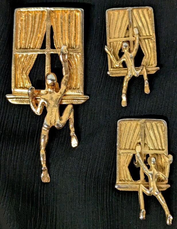 Weird Vintage Modernist Nude Peeping Tom at Window Brooch & Matching Clip-On Earrings, Earrings 1.5" Long, Brooch 3" Long