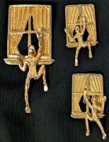 Weird Vintage Modernist Nude Peeping Tom at Window Brooch & Matching Clip-On Earrings, Earrings 1.5" Long, Brooch 3" Long