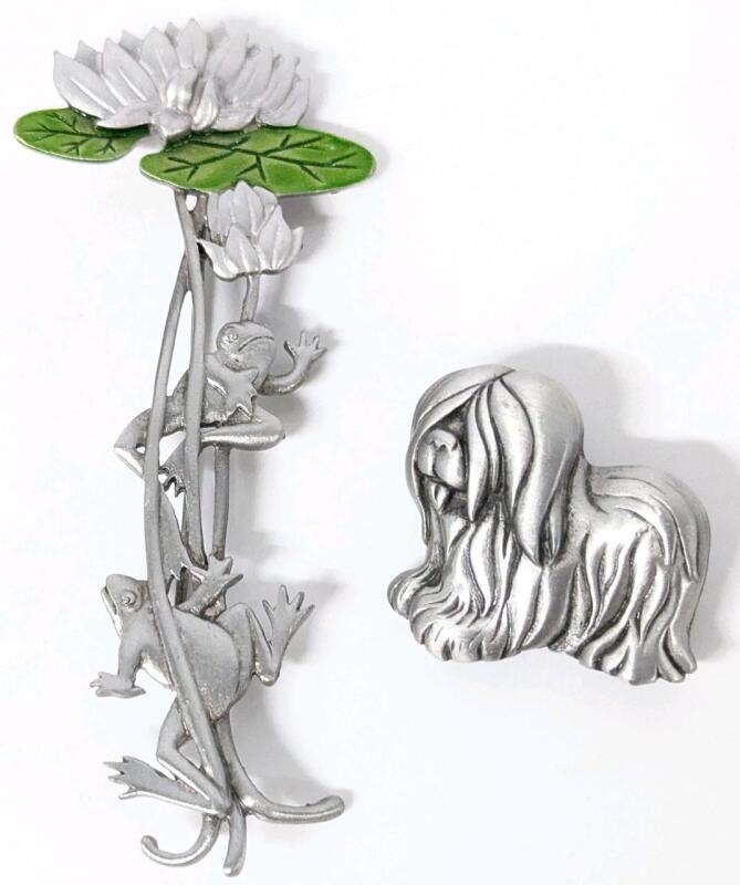 Adorable Signed JJ Jonette Pewter Brooches : Frogs, Water Lily & Lily Pad 3" Long & Wee Sheepdog Shaggy Dog 1" Long