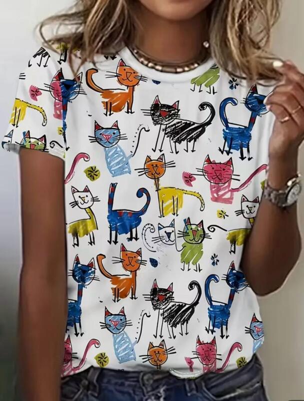 New Size L Women's Short-Sleeve Top with Colorful Cat Art Print Casual Round-Neck Design 95% Polyester 5% Elastane Machine Washable Stock Photos added