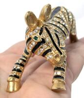 Stunning Large Vintage Enamel & Rhinestone 3D Figural Zebra Brooch, 4.5" Long &times; 1.5" Wide &times; 2.15" High