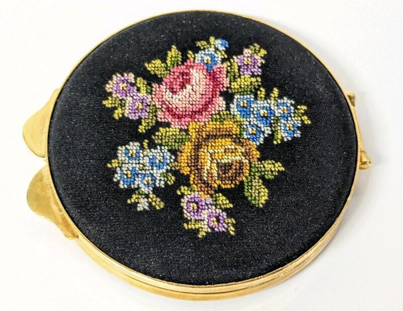 Gorgeous Vintage Petit Point Needlepoint Roses Compact - 2.8" Diameter