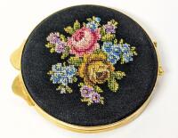 Gorgeous Vintage Petit Point Needlepoint Roses Compact - 2.8" Diameter