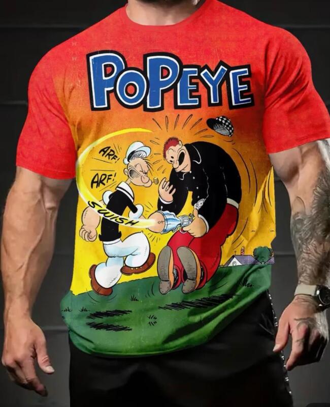 New Size L Red Casual Men's Summer Graphic Tee "PoPeye" 3D Print Design Short Sleeve Crew Neck Shirt with Cartoon Characters, Comfortable Fit, Playful Print 100% Polyester Stock Photos added