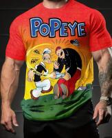 New Size L Red Casual Men's Summer Graphic Tee "PoPeye" 3D Print Design Short Sleeve Crew Neck Shirt with Cartoon Characters, Comfortable Fit, Playful Print 100% Polyester Stock Photos added