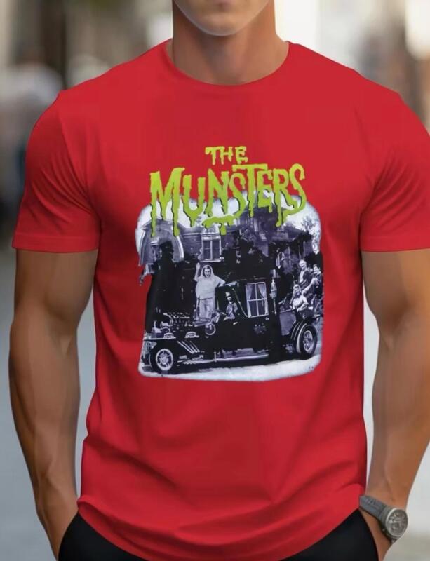 New Size L Men's The Munsters TV Show Graphic T-Shirt - Retro 60s Design with Munster Car & Characters Comfortable Regular Fit Crew Neck Short Sleeve 100% Polyester Stock photos added
