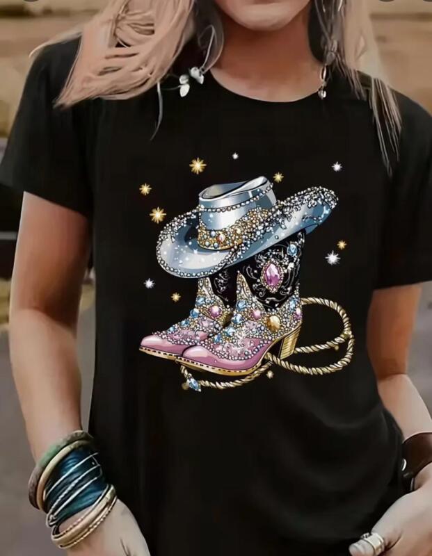 New Size Large S/S Trendy and Versatile Western Denim Series Printed Short-Sleeve T-shirt, Regular-Length (The Rhinestone/Glitter Patterns are Designed Solely for Visual Effects; They are Not Physical Decorations or 3D textures!) Stock photos added