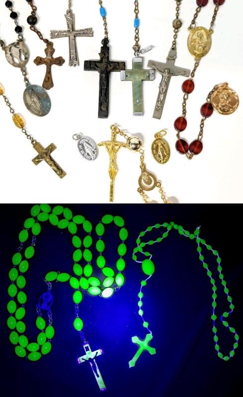 10 Vintage Rosaries / Rosary-Type Necklaces (incl Luminescent Plastic Made in Italy), 2&times; Italian Prayer Medals, Small Rosary Bracelet - Up to 31" Total Length