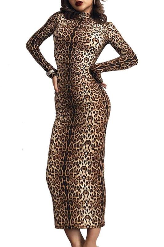 New Size XL Women's Super Fitted Sexy Long Sleeve Mock Neck Leopard Tiger Print Midi Bodycon Party Club Dress