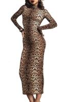 New Size XL Women's Super Fitted Sexy Long Sleeve Mock Neck Leopard Tiger Print Midi Bodycon Party Club Dress