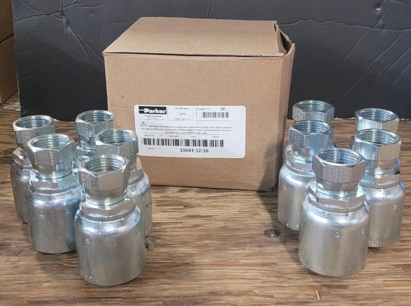 10 New Parker Crimp Style Hydraulic Hose Fitting , 43 Series , Part # 10643-12-16 . Port Connection: 3/4" , Port Size: 3/4 inch , Connection Size: 1-1/16" , Nut Hex Size: 1-3/8 inch,<br/>Back-Up Hex Size: 1-3/8 inch