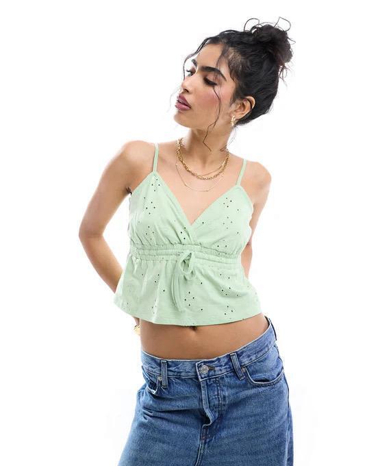 New ASOS DESIGN Babydoll Trim Top, Washed Mint, Size Medium