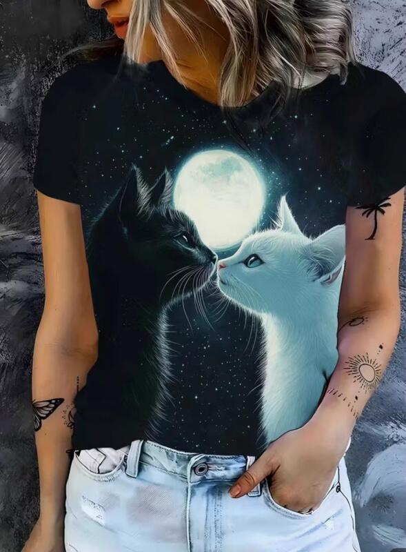 New Size XL Women's Elegant Black T-Shirt Dark Background with Two Cats (Black & White) Kissing Under Full Moon - Soft Machine Washable Stock Photos Added