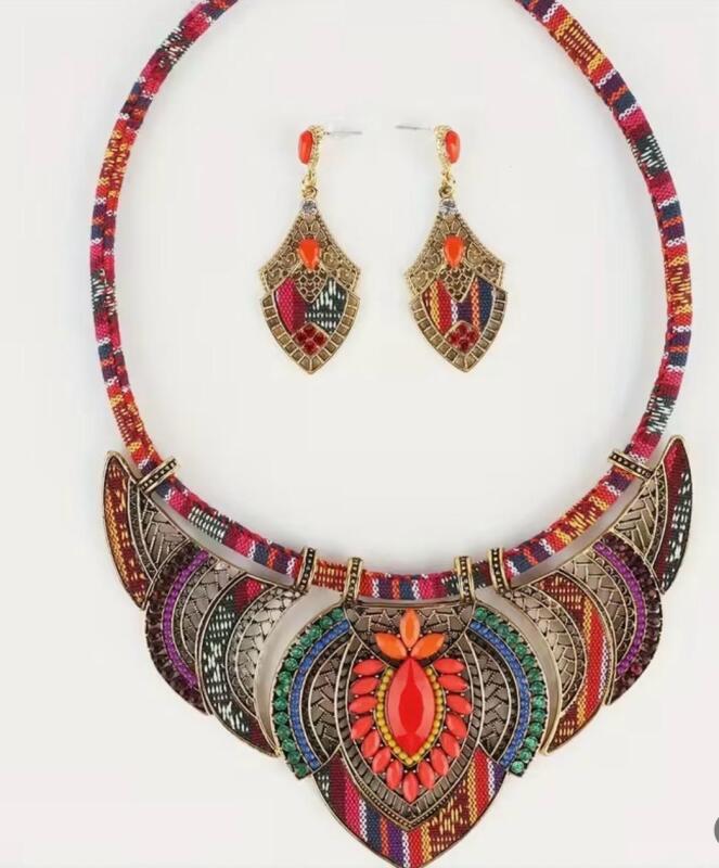 Bohemian Handmade Necklace and Earrings Set with Fabric Pattern and Cabochons Statement Fall Set Necklace 17&rsquo;&rsquo; 1.5&rsquo;&rsquo; extender Front Centre Design approximately 2.75&rsquo;&rsquo; post back Earrings 2&rdquo; drop