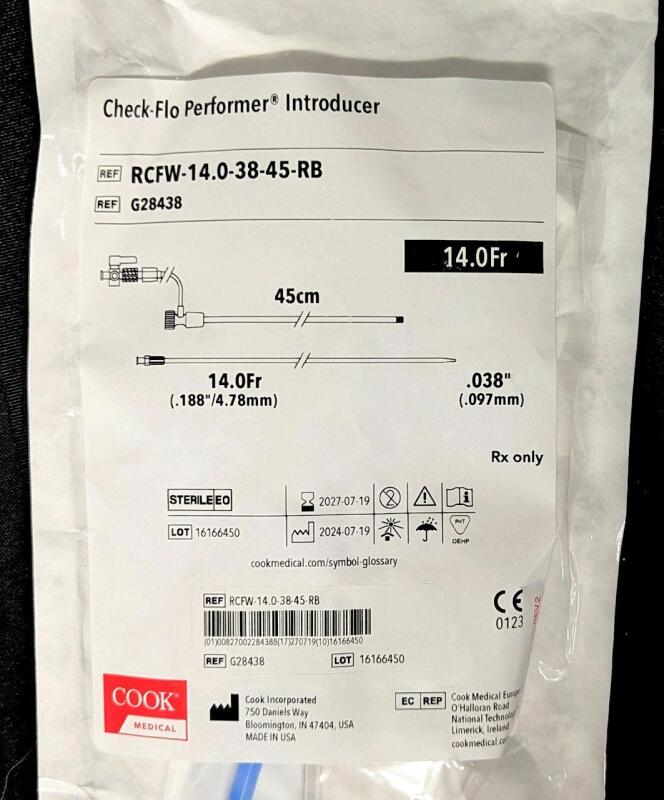 New COOK MEDICAL G28438 Performer Check-Flo RCFW-14.0-38-45-RB, Introducer 14Fr. x 45cm, Introducer Only, Retails Over $400!