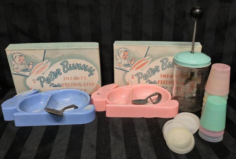 Vintage Kitchen Lot - Peter Bunny Kid's Trays, Small Tupperware Containers & Glass Chopper