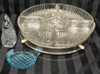 Vintage Lazy Susan Glass Appetizer Tray & Glass Salt & Pepper Shakers +