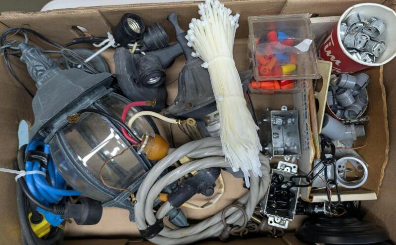 Assorted Electrical Supplies & Lantern Style Lights. Largest Lantern approximately 15" Tall.