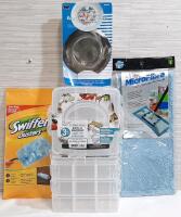 Lot of Indoor Items, Including 6 Storage Boxes, 2 Metal Sink Strainers, A Microfibre Dusting Mop Pad & Swiffer Duster