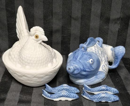 Vintage Kitchen Decor Milk Glass Hen on the Nest & Fush Teapot +