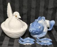 Vintage Kitchen Decor Milk Glass Hen on the Nest & Fush Teapot +