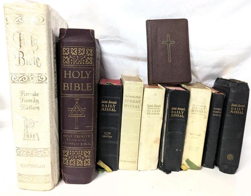 10 Vintage Catholic Bibles : Fireside Family Edition, Holy Trinity Edition, Saint Joseph Daily Missal, Fulton J Sheen Sunday Missal, Continuous Sunday Missal, Daily Missal & Hymnal etc