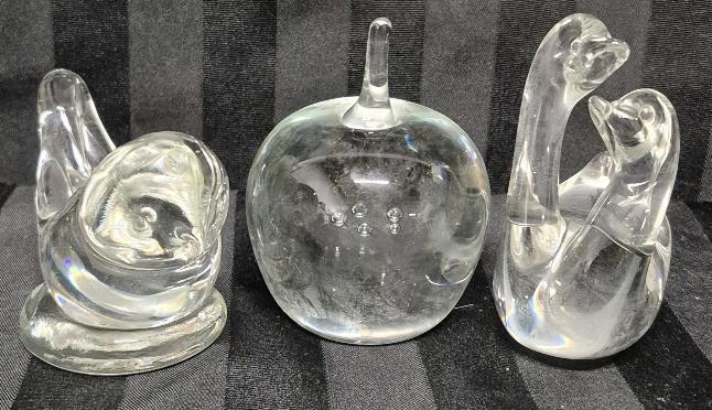 3 Glass Paperweights - Birds & Apple