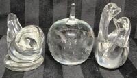 3 Glass Paperweights - Birds & Apple