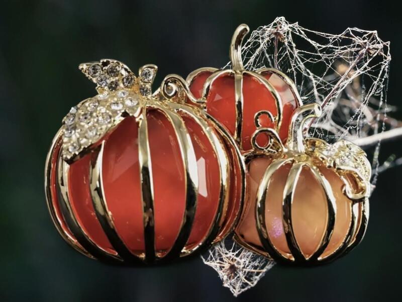 Luxurious Orange Red 3 Pumpkin Brooch with Rhinestones 2.4 x 1.8 inch
